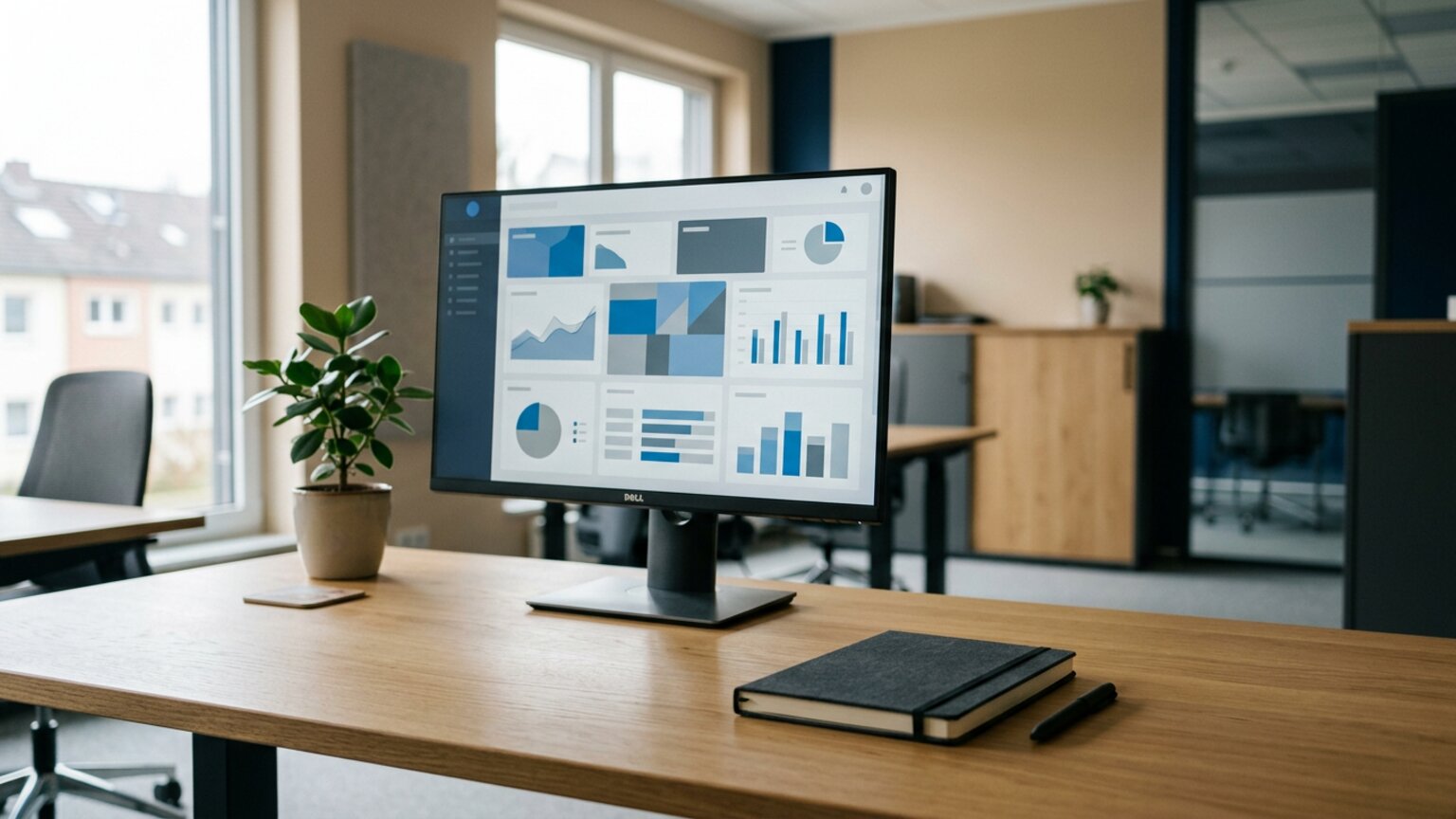 Aufgeräumter Holzschreibtisch mit Monitor — Symbolbild für CRM-Einführung im Mittelstand