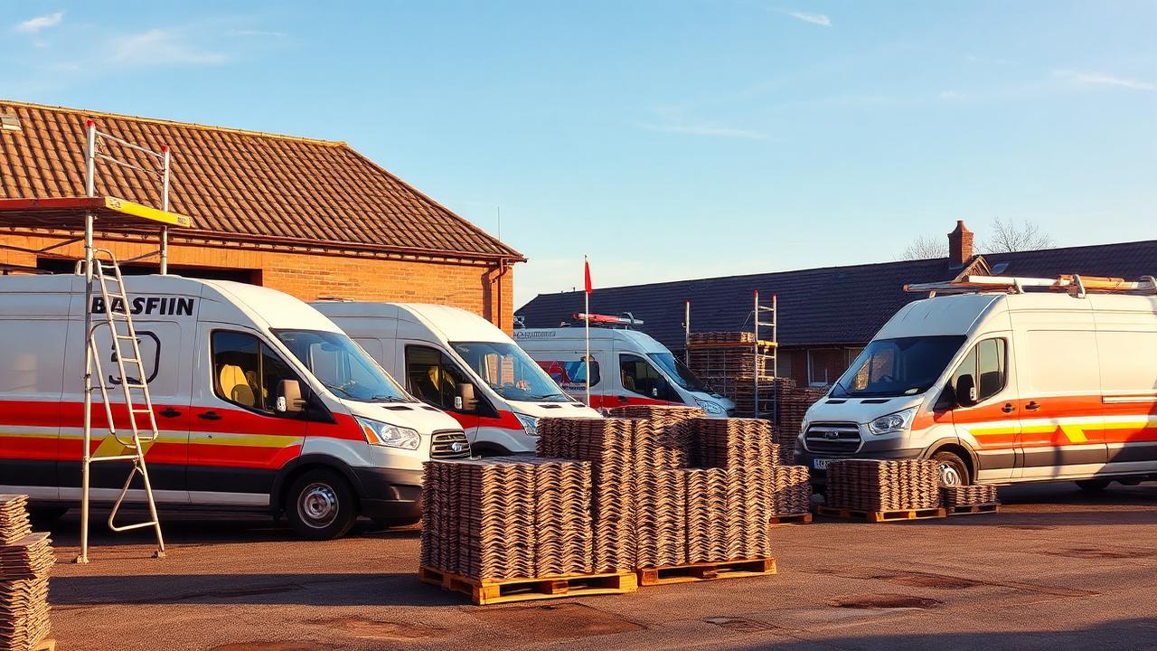 Multiple Dachdeckerbetrieb — Betriebshof mit Fahrzeugen, Gerüstmaterial und Dachziegeln eines Dachdeckerbetriebs