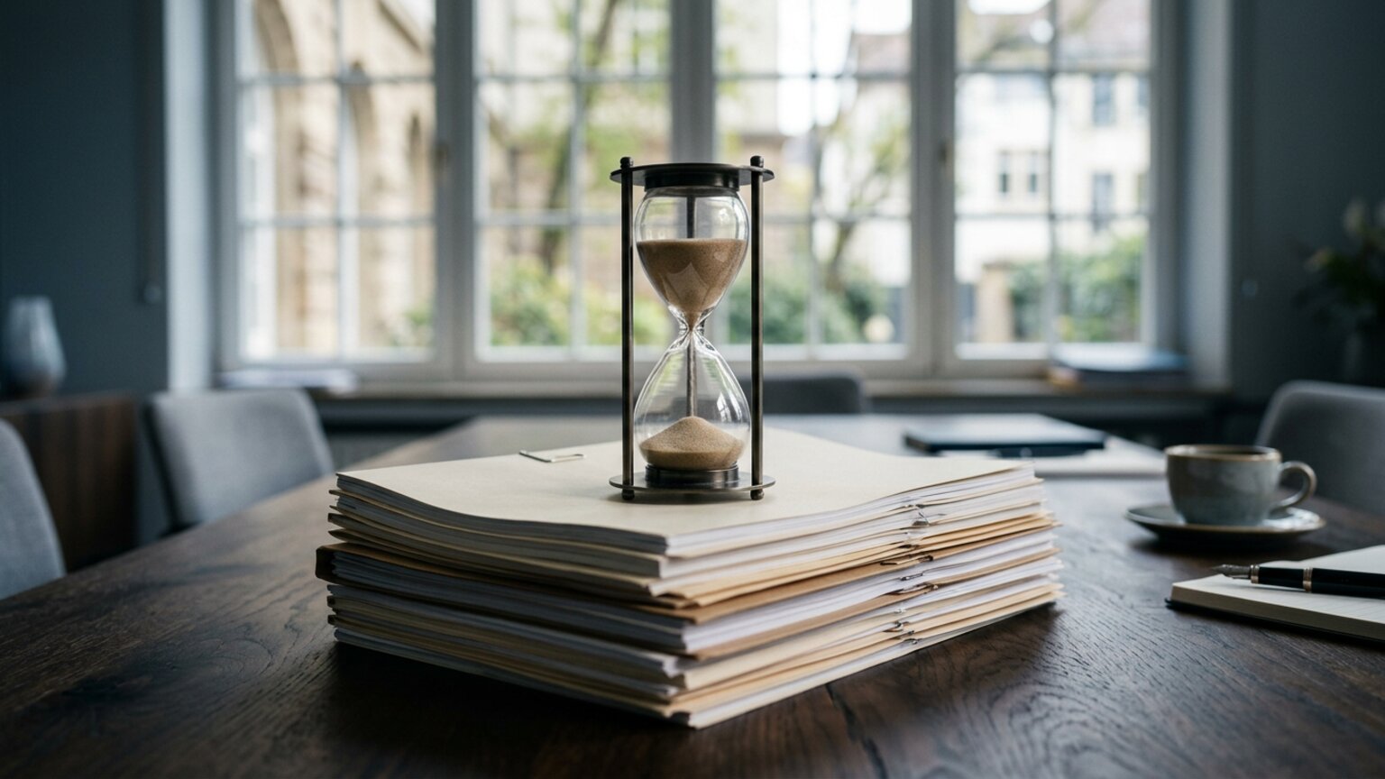 Sanduhr auf Vertragsunterlagen — Symbolbild Earn-Out-Klausel