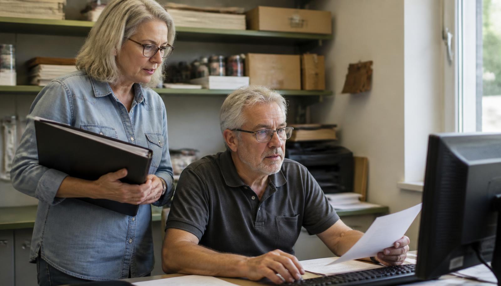 Ehepartner arbeitet im Betrieb mit — Unternehmerpaar gemeinsam im Büro eines Familienbetriebs bei der Buchhaltung