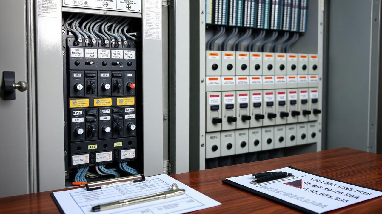 Elektrobetrieb Bewertung — Schaltschrank und Bewertungsunterlagen eines Elektroinstallationsbetriebs