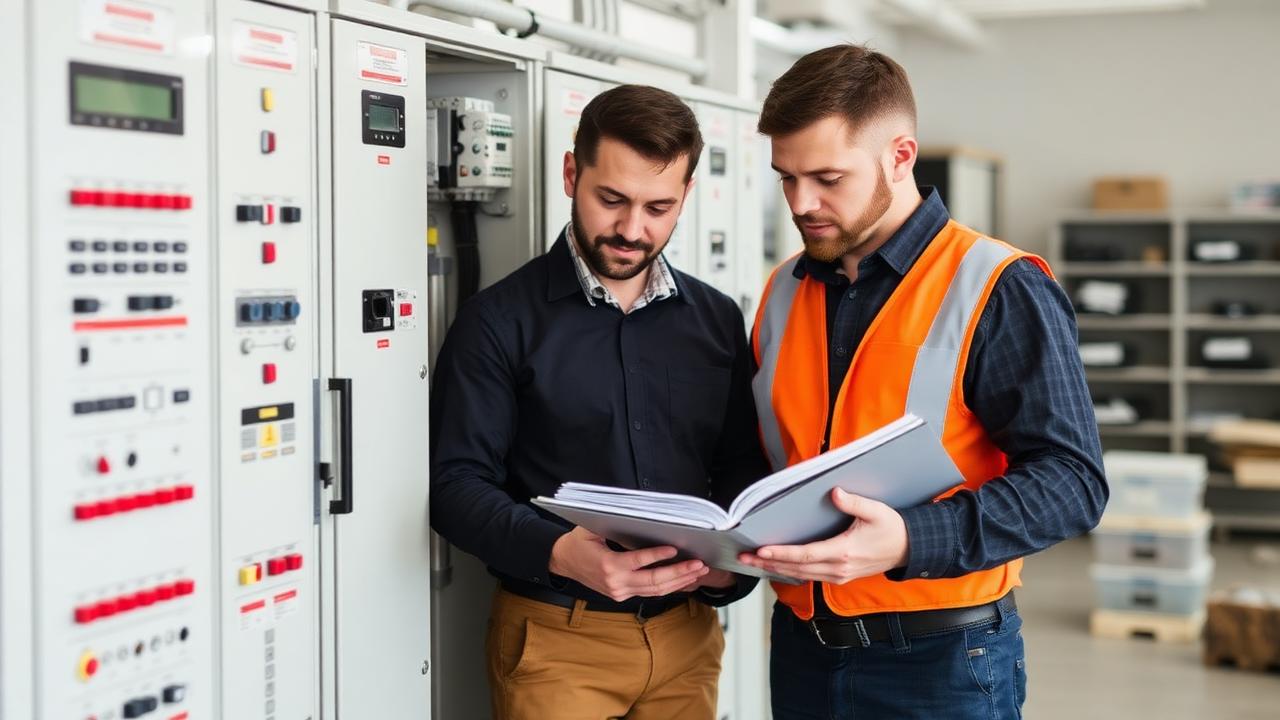 Inhaberabhängigkeit Elektrobetrieb — zwei Elektriker arbeiten mit Anlagendokumentation an der Gebäudeleittechnik