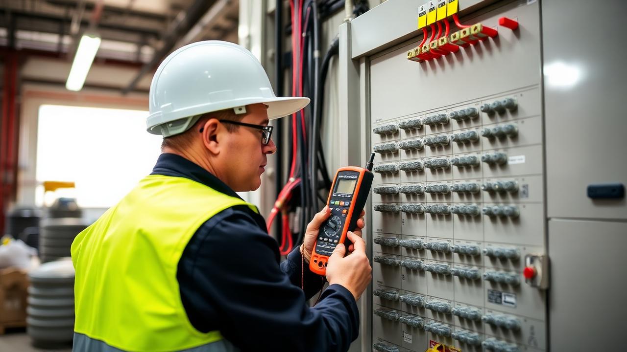 Elektrobetrieb Multiple — Elektriker bei der vorgeschriebenen Prüfung einer gewerblichen Schaltanlage