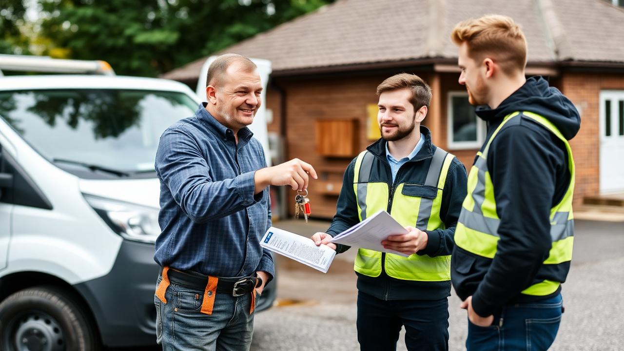 Elektrobetrieb Nachfolge — Inhaber übergibt Schlüssel und Unterlagen an den Nachfolger vor dem Servicefahrzeug