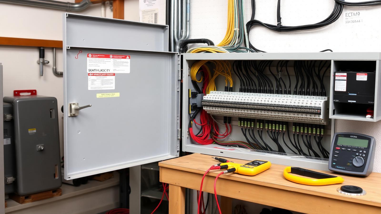 Elektrobetrieb verkaufen — geöffneter Schaltschrank mit sauber verdrahteten Klemmen und Prüfgerät auf der Werkbank