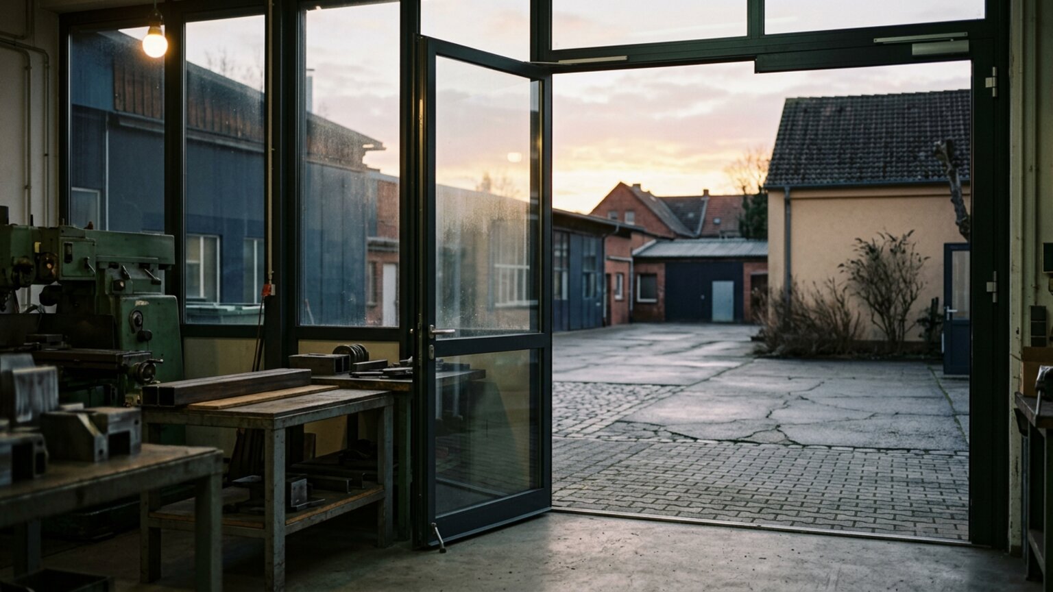 Geöffnete Glastür einer Mittelstandsfabrik — Symbolbild Exit-Readiness