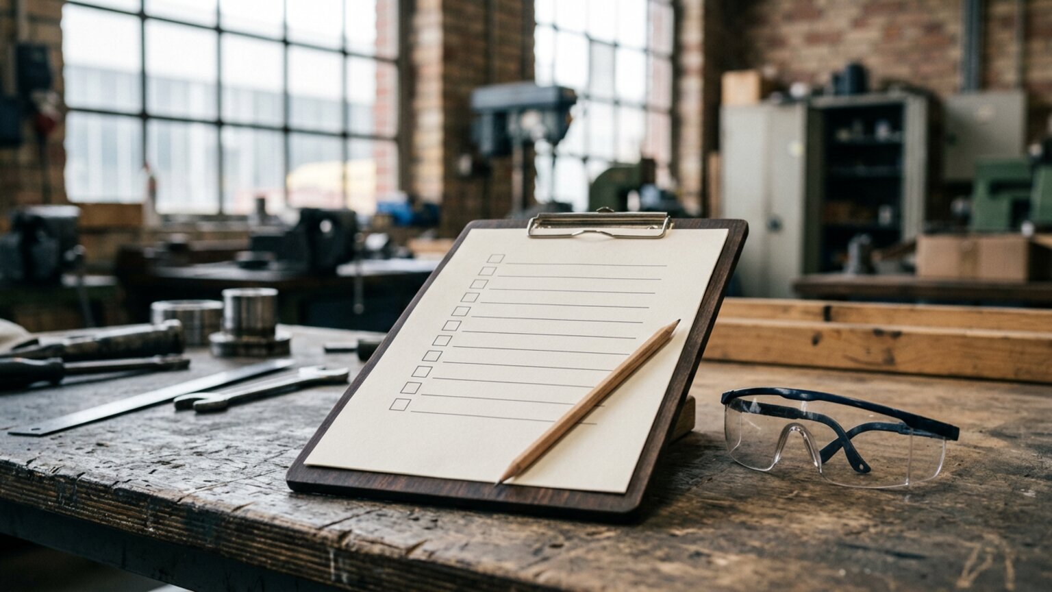 Klemmbrett mit Checkliste auf Werkstatttisch — Symbolbild Exit-Readiness-Check