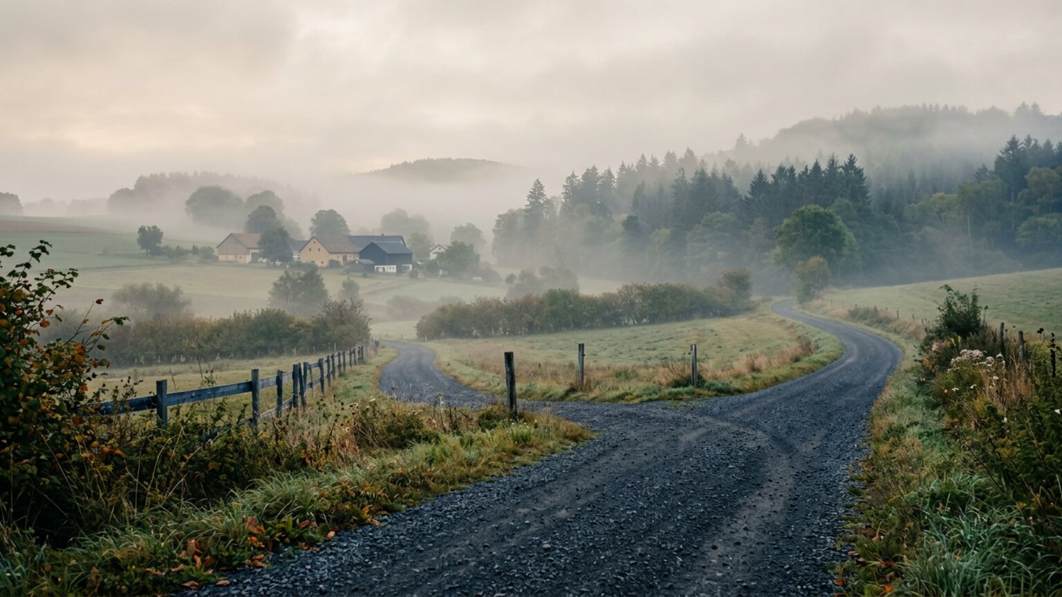Gabelung einer Landstraße im Morgennebel — Symbolbild für alternative Wege jenseits des Verkaufs