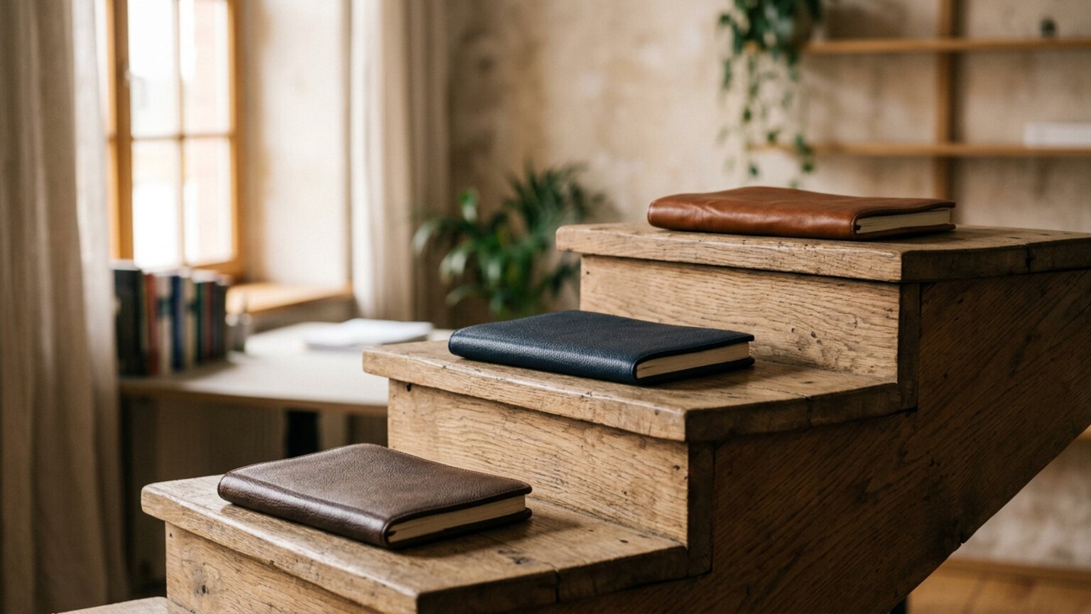 Drei Holzstufen mit Büchern — Symbolbild Stufenübergabe in der Familiennachfolge