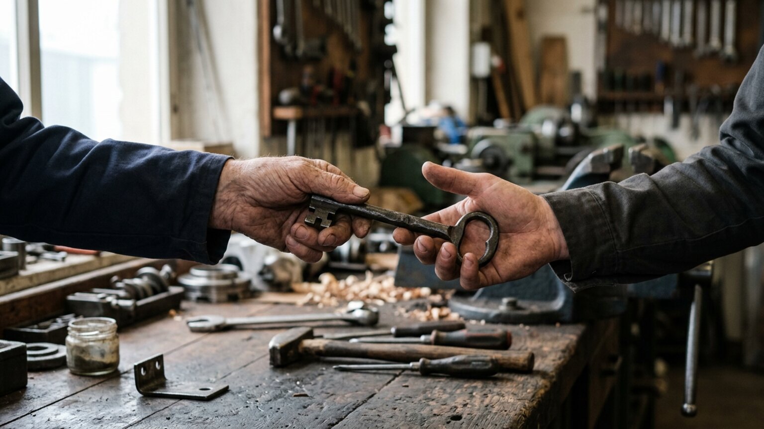 Hand übergibt einen Schlüssel — Symbolbild Familienübergabe an den Sohn