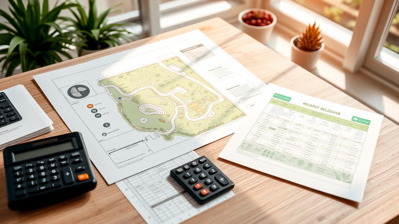 GaLaBau-Betrieb Bewertung — Pflegeplan, Objektunterlagen und Taschenrechner im Büro eines Landschaftsbaubetriebs