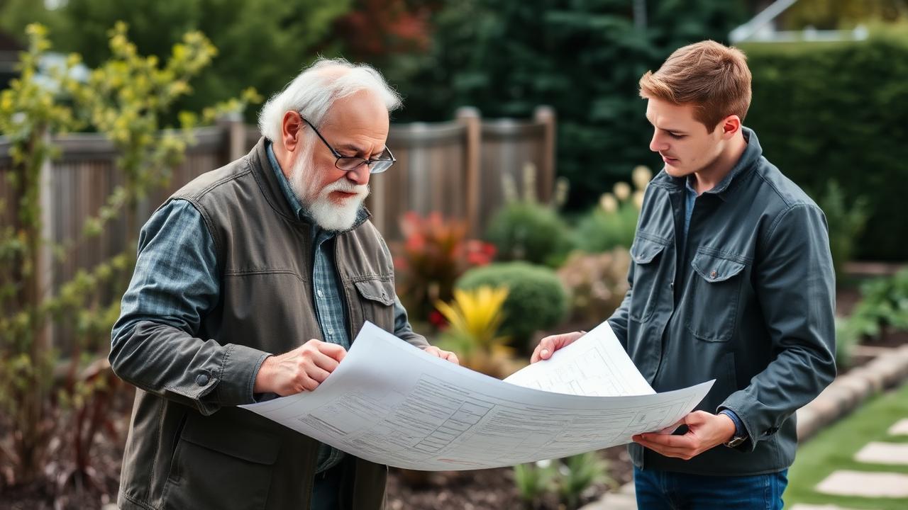 Nachfolge GaLaBau-Betrieb — Inhaber und Nachfolger besprechen Pflegeobjekte im Garten- und Landschaftsbau