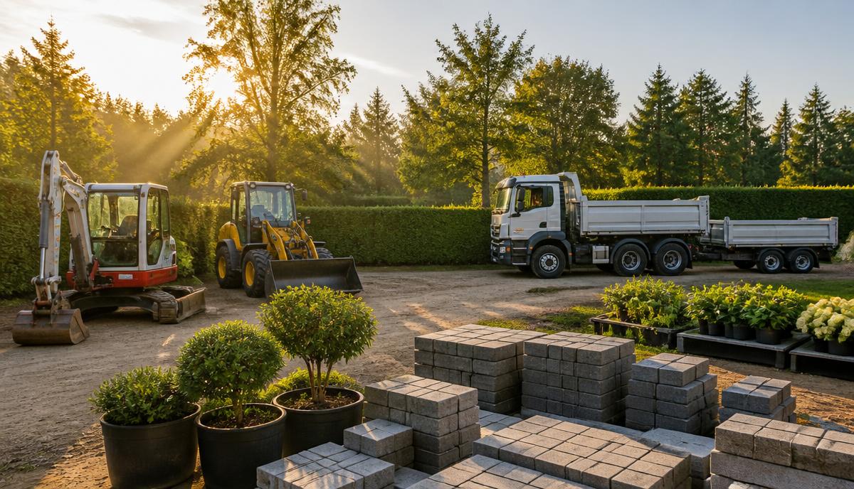 GaLaBau-Betrieb verkaufen — Betriebshof eines Garten- und Landschaftsbaubetriebs mit Bagger, Radlader, Kipper und Pflastersteinen im Morgenlicht