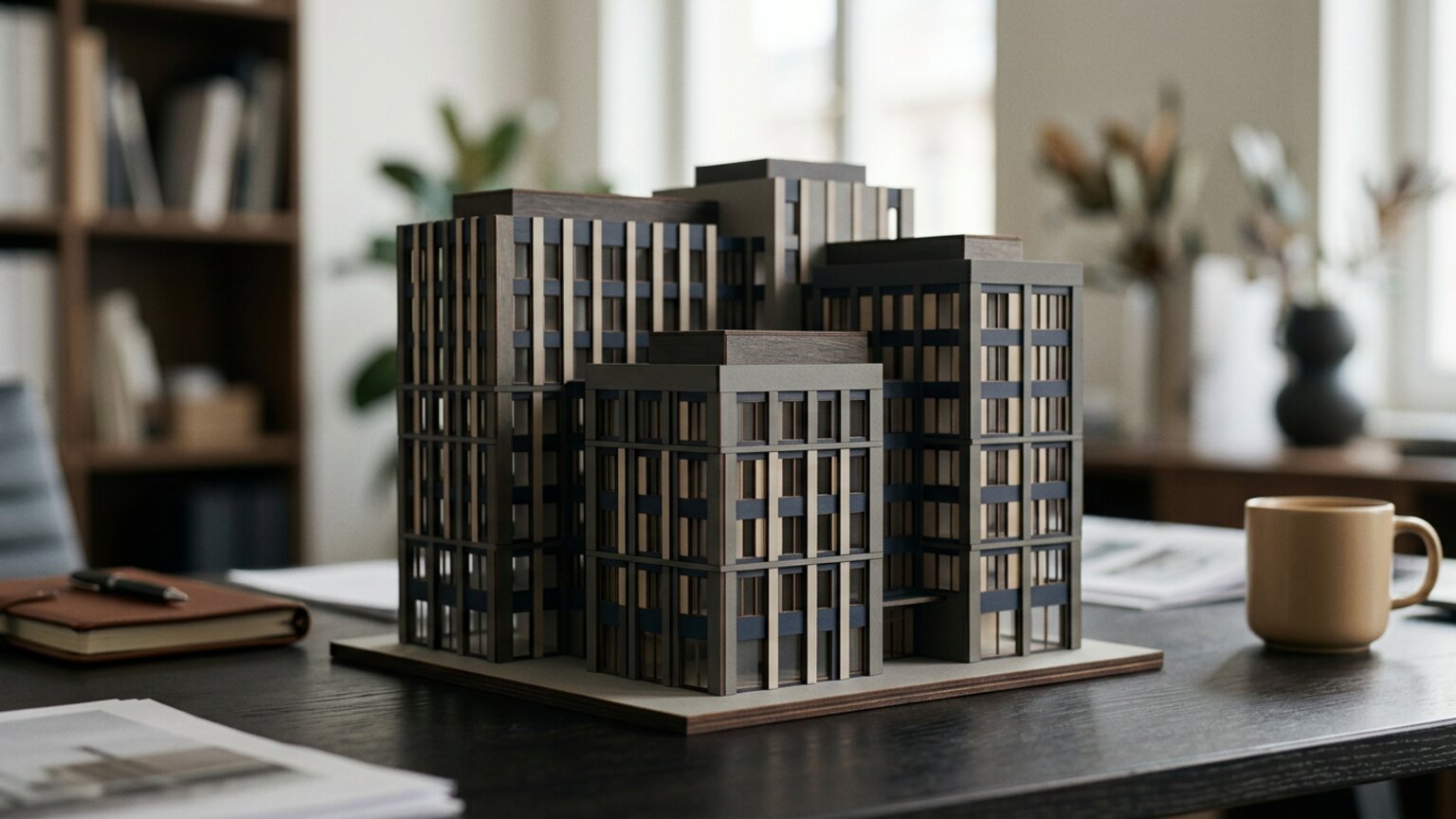 Architekturmodell gestapelter Bürogebäude — Symbolbild Holding-Struktur
