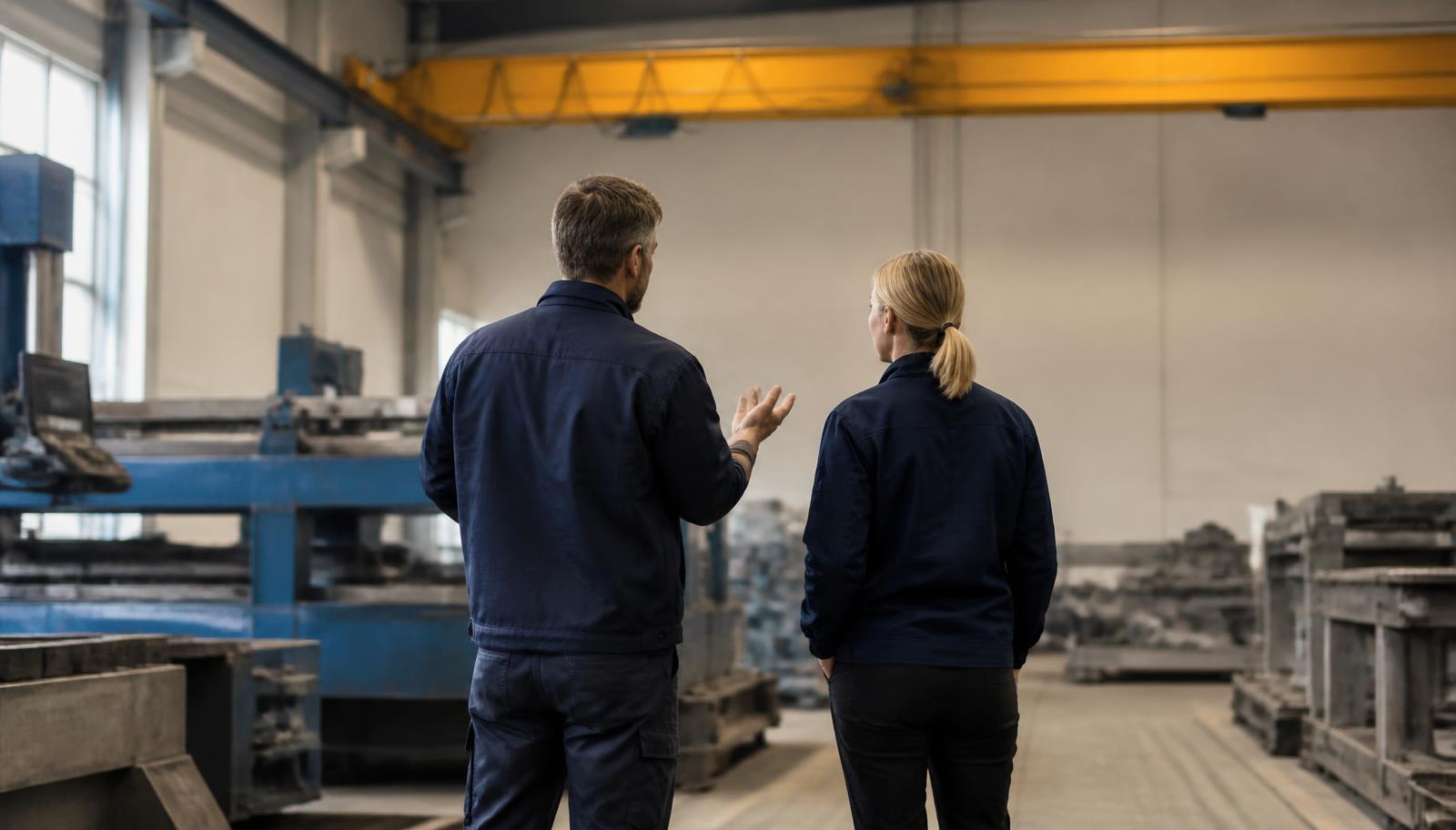 HR Due Diligence Schlüsselpersonen – Betriebsleiter und Mitarbeiter im Gespräch in einer Produktionshalle