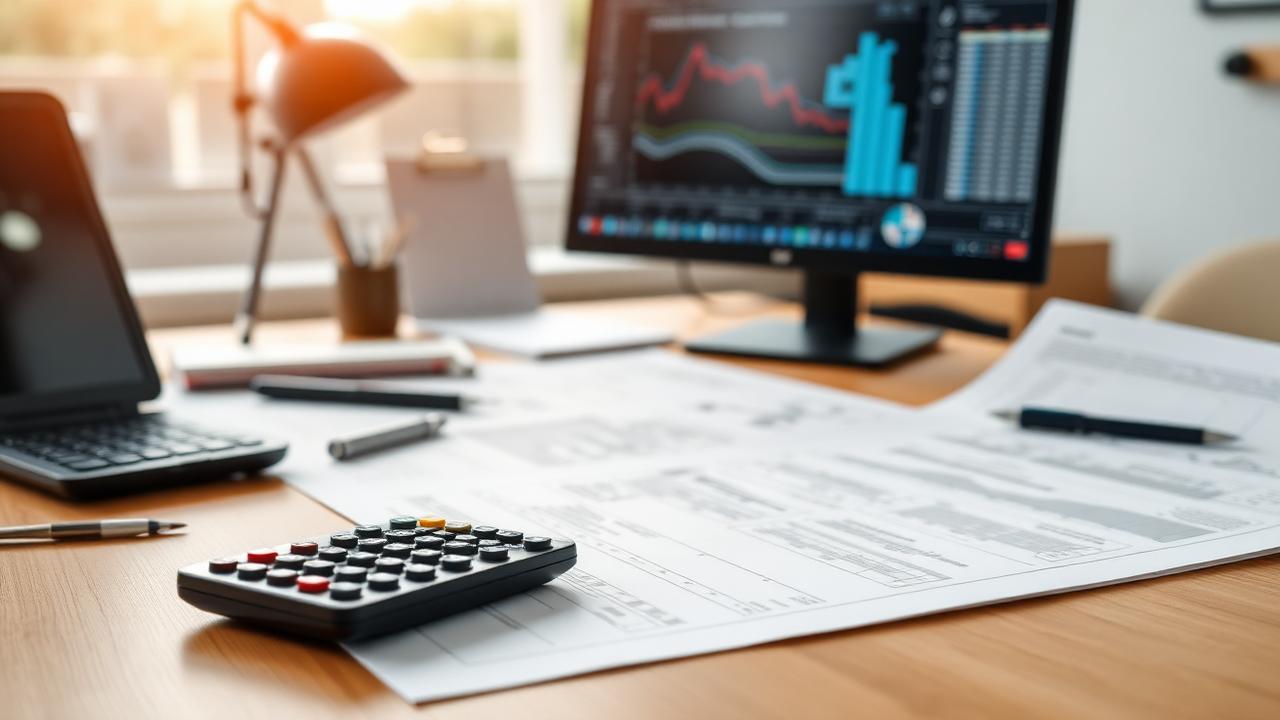 Ingenieurbüro Bewertung — Schreibtisch mit Bauzeichnung, Taschenrechner und Auswertung der Kennzahlen