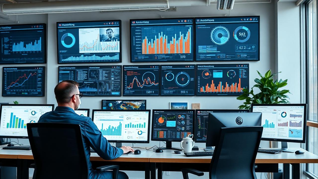 Multiple Ingenieurbüro — Planungsbüro mit CAD-Arbeitsplätzen und Kennzahlen-Dashboards auf Monitoren