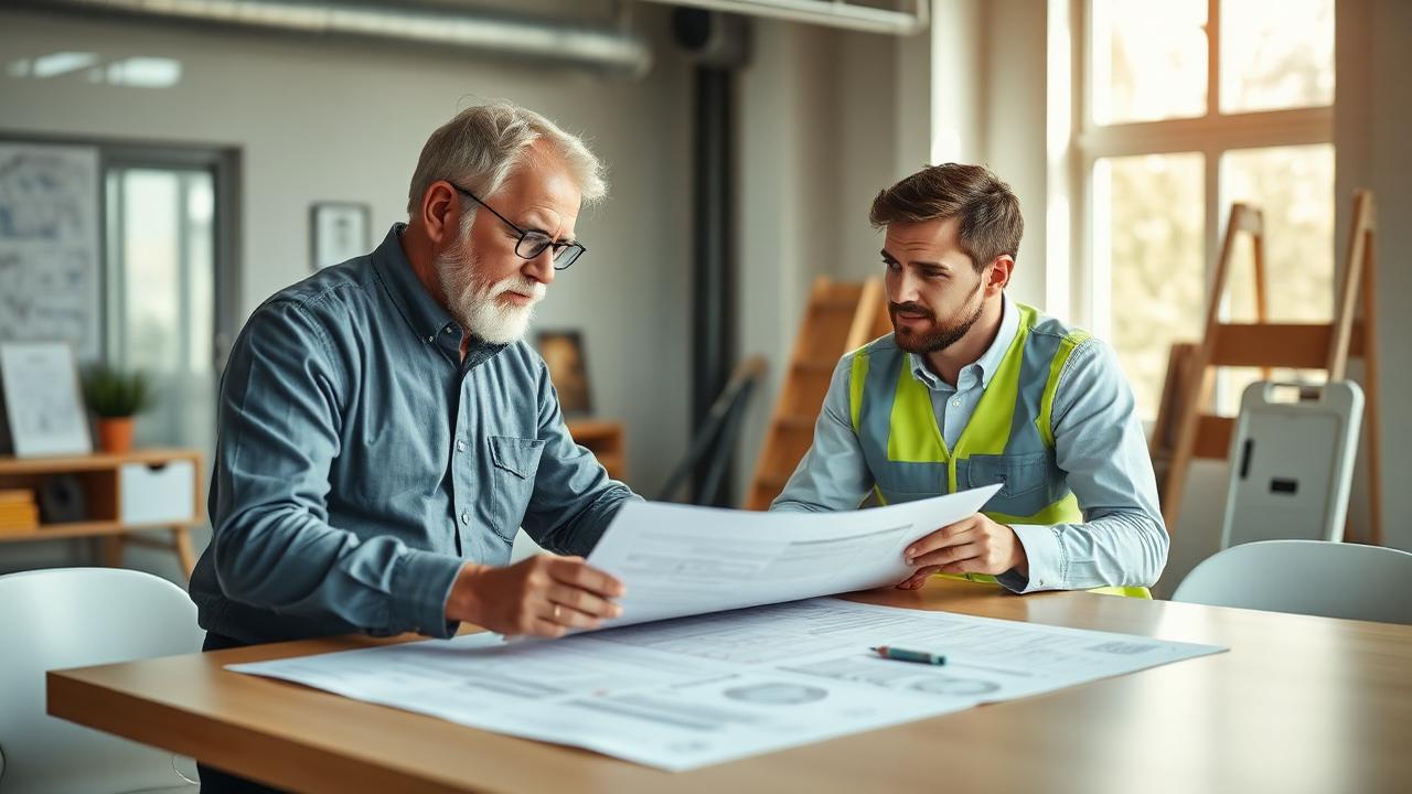 Nachfolge Ingenieurbüro — Inhaber und Nachfolger besprechen gemeinsam Baupläne am Besprechungstisch