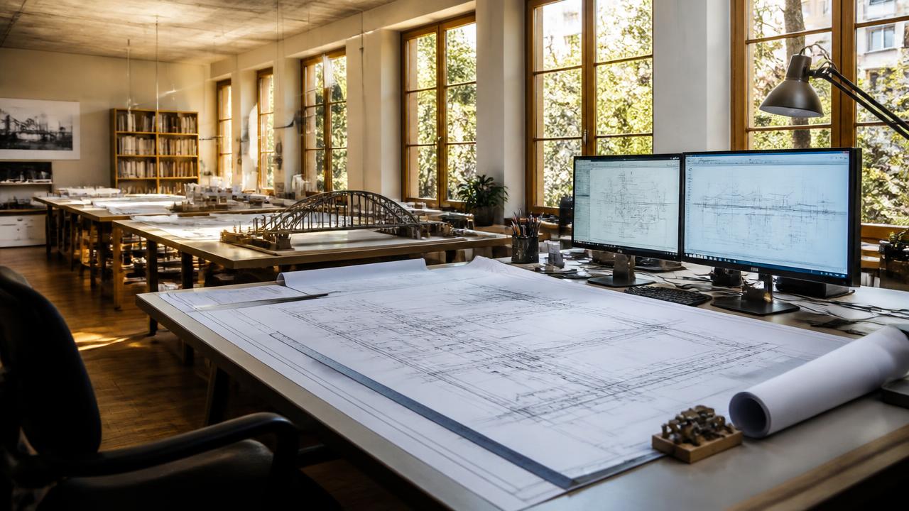Ingenieurbüro verkaufen — Planungsbüro mit Zeichentischen, Bauplänen und CAD-Arbeitsplätzen im Tageslicht