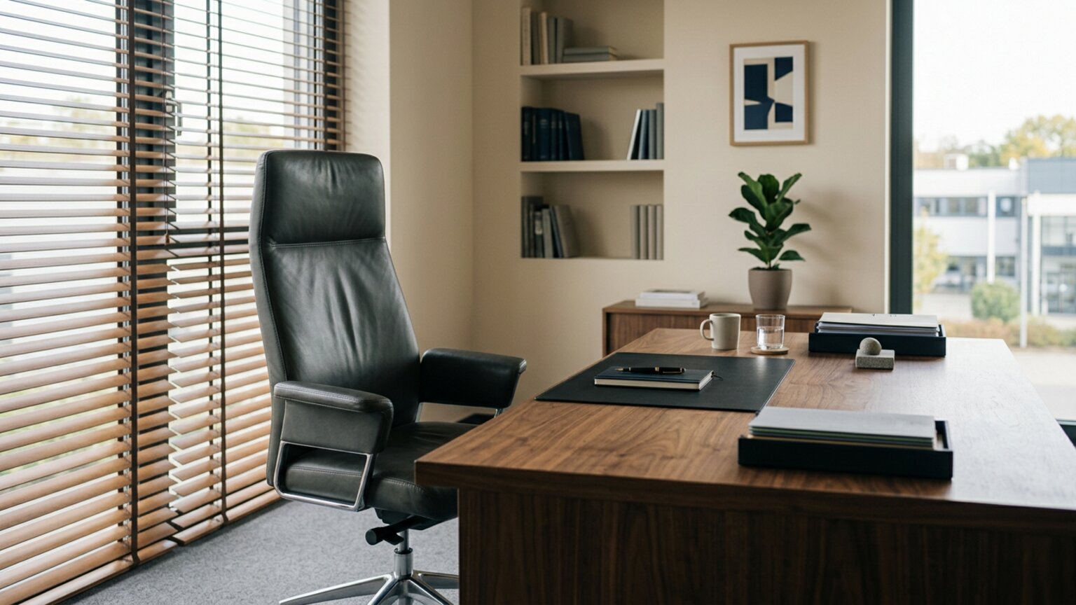 Leerer Bürostuhl hinter aufgeräumtem Schreibtisch — Symbolbild reduzierte Inhaberabhängigkeit