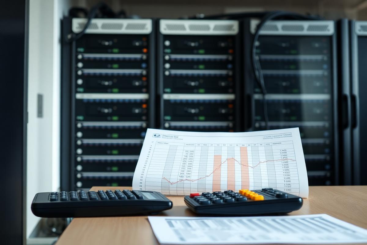 IT-Systemhaus Bewertung — Serverschrank im Hintergrund, Auswertung mit Kennzahlen und Taschenrechner auf dem Schreibtisch