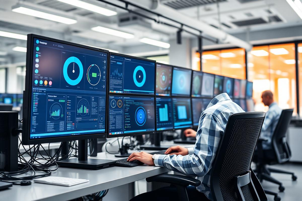 Multiple IT-Systemhaus — Technikerarbeitsplätze mit Monitoren und Monitoring-Dashboards im Systemhaus