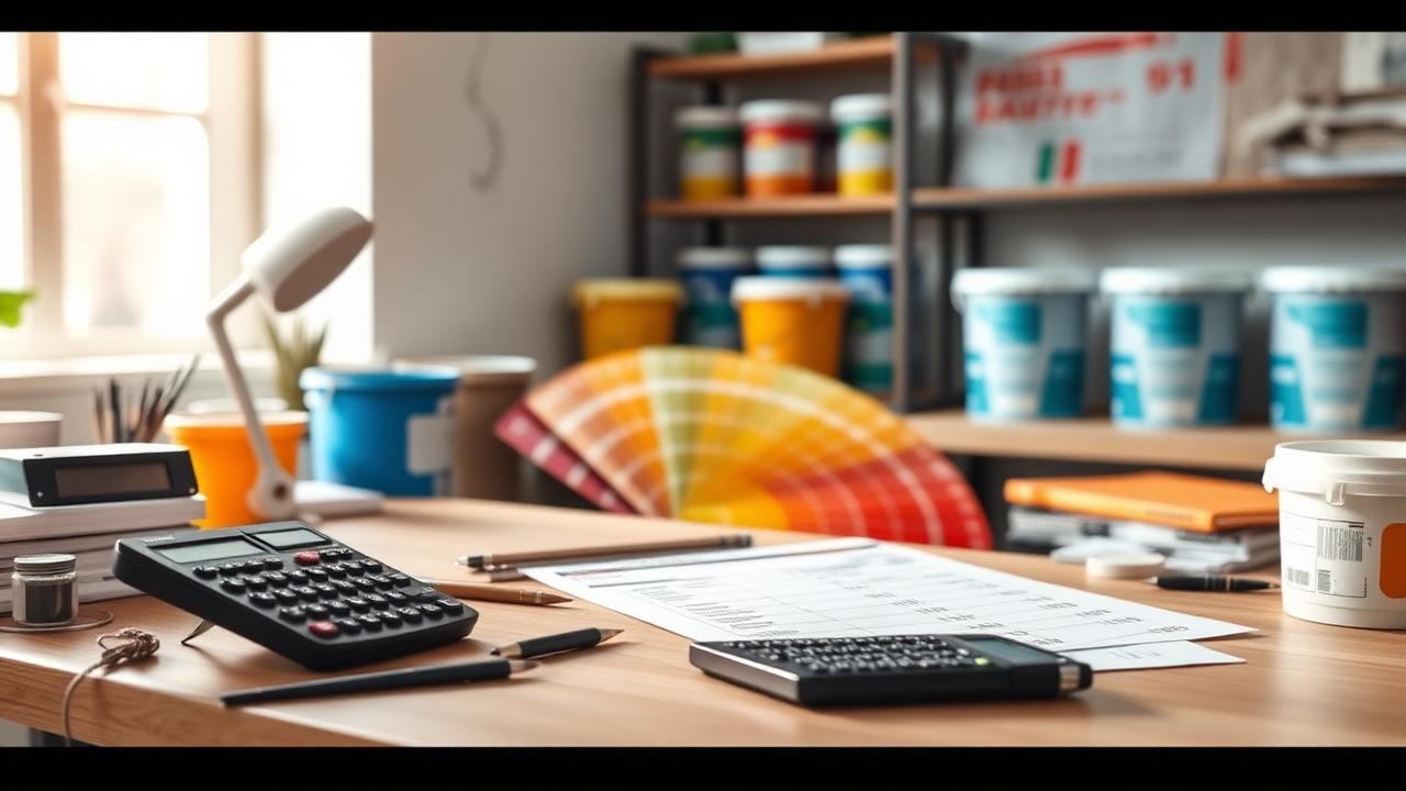 Malerbetrieb Bewertung — Kalkulationsunterlagen, Farbfächer und Taschenrechner im Büro des Malerbetriebs