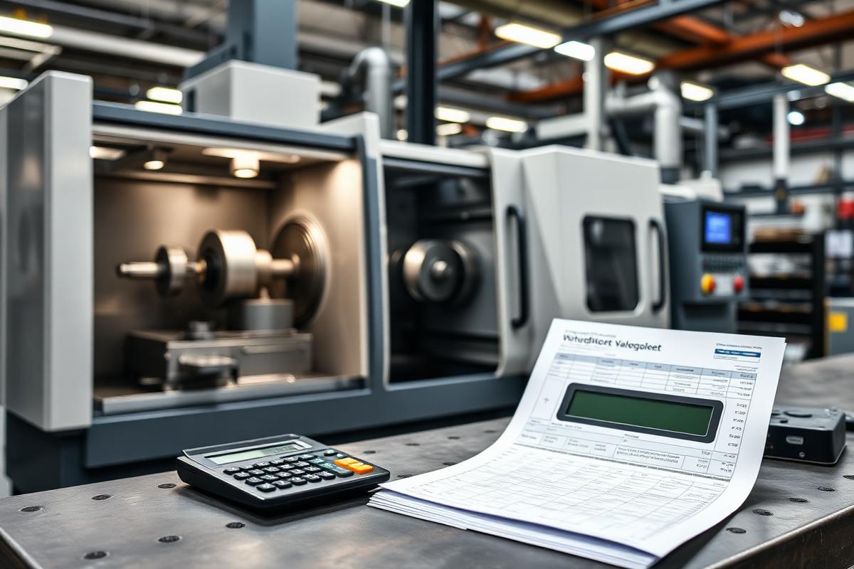 Maschinenbau-Zulieferer Bewertung — CNC-Bearbeitungszentrum mit Kalkulationsunterlagen und Taschenrechner auf der Werkbank