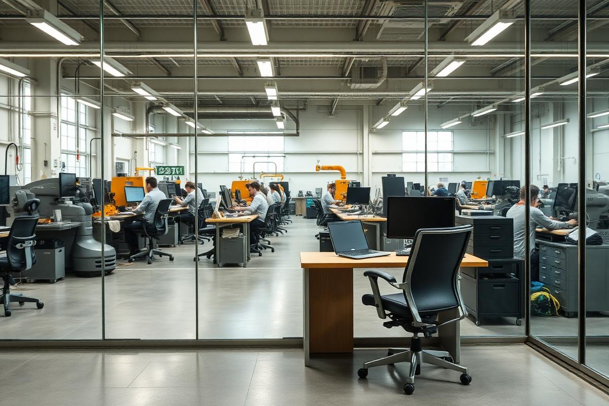 Inhaberabhängigkeit Zulieferbetrieb — leeres Chefbüro mit Blick auf eigenständig arbeitendes Team in der Fertigung