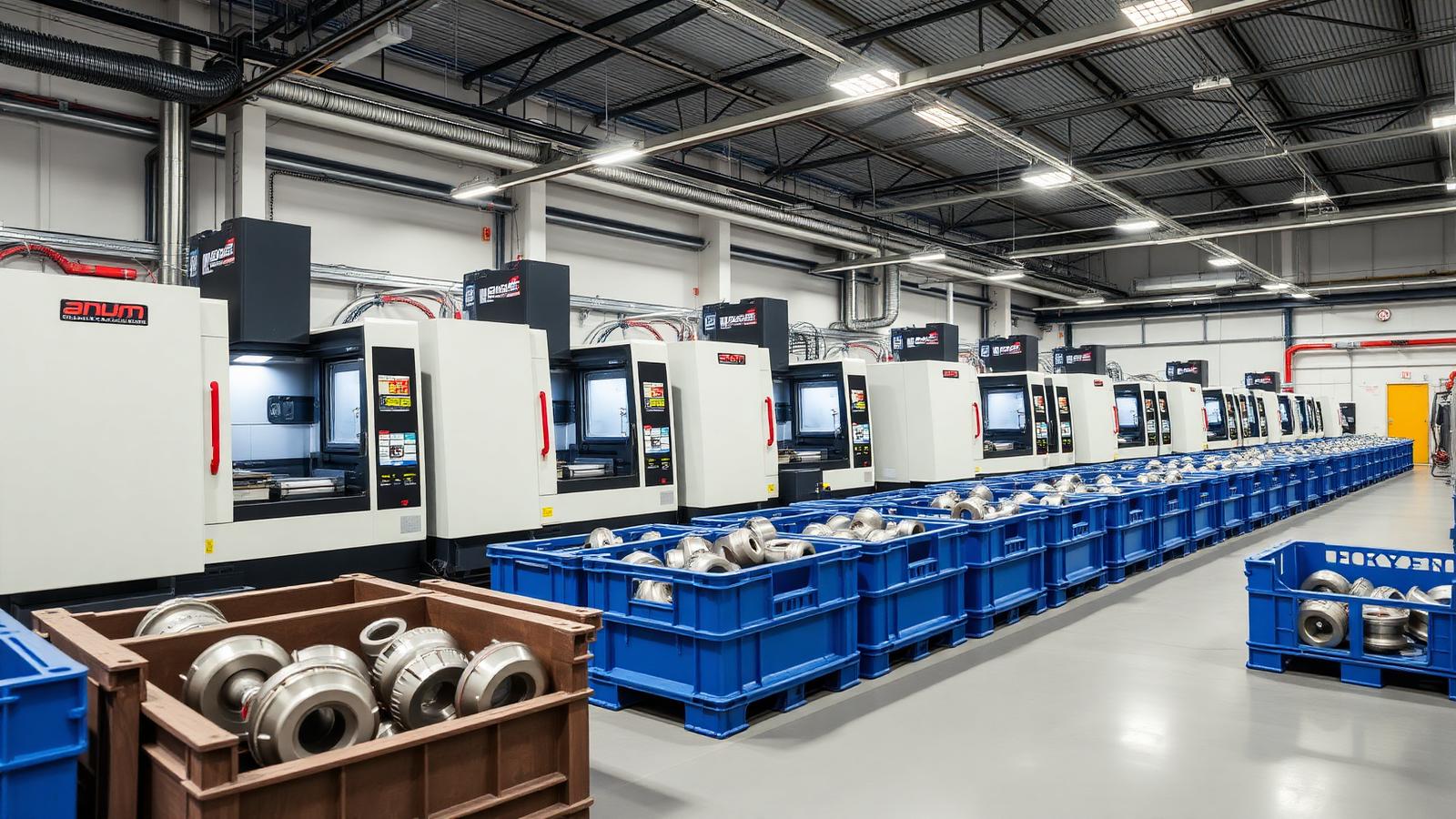 Maschinenbau-Zulieferer verkaufen — Reihe von CNC-Bearbeitungszentren mit gefertigten Drehteilen in Stapelkisten