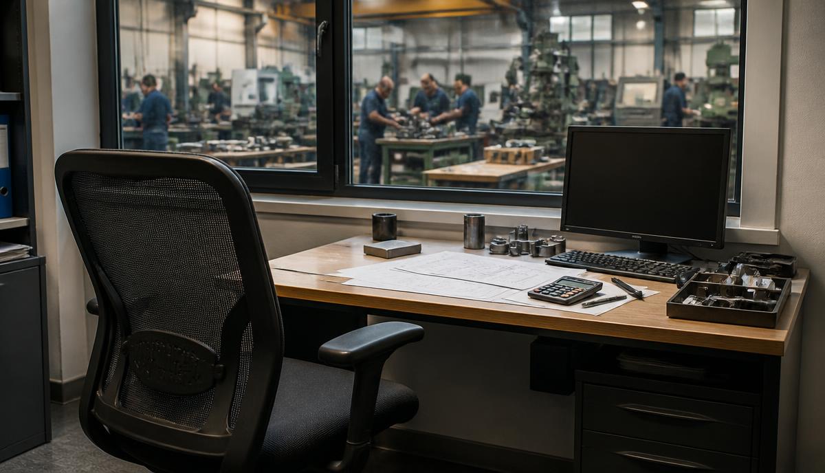 Inhaberabhängigkeit Metallbau — leerer Schreibtisch im Werkstattbüro mit Kalkulationsunterlagen, Team arbeitet weiter