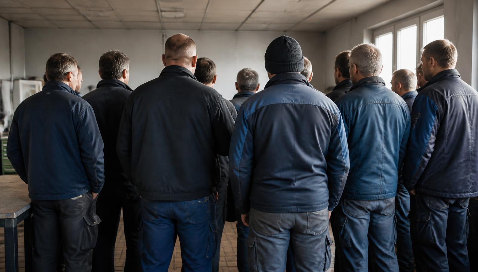 Mitarbeiter bei Betriebsschließung — Belegschaft eines Handwerksbetriebs in Arbeitskleidung bei einer Betriebsversammlung