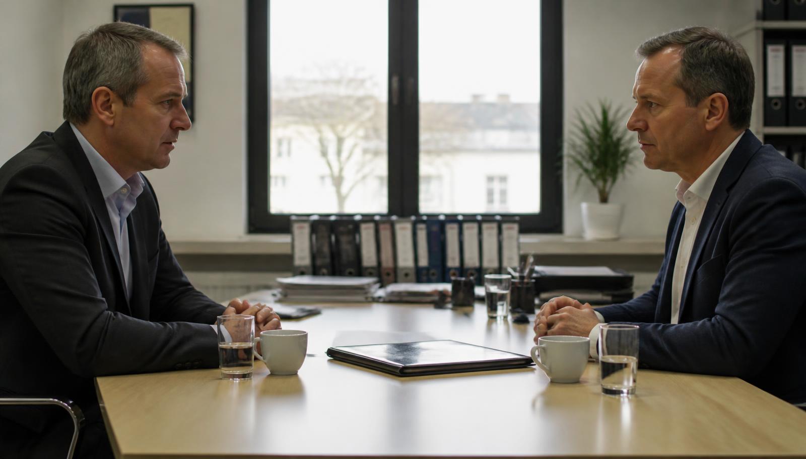 Mitgesellschafter will aussteigen — zwei Gesellschafter am Besprechungstisch mit Vertragsmappe zwischen sich