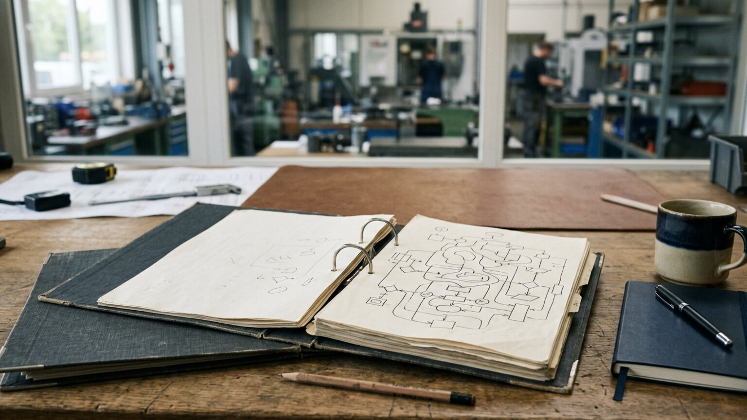 Aufgeschlagener Ordner mit Prozessdiagrammen — Symbolbild Prozessdokumentation