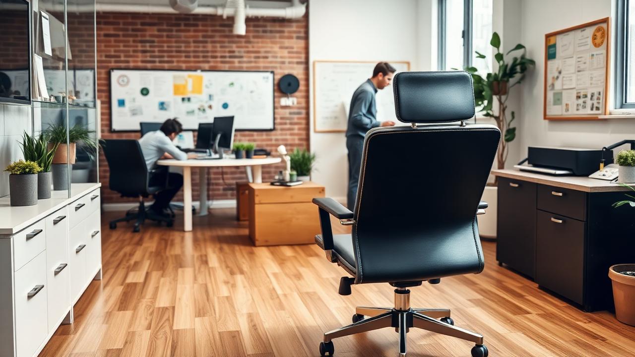 Inhaberabhängigkeit SHK-Betrieb — leerer Chefsessel im Büro, während das Team weiterarbeitet