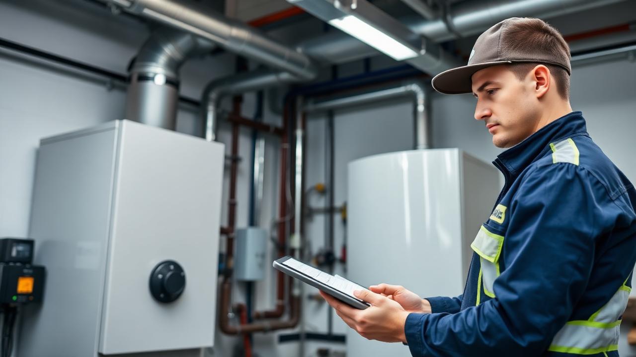 SHK-Betrieb Multiple — Servicetechniker prüft eine Heizungsanlage im Rahmen eines Wartungsvertrags