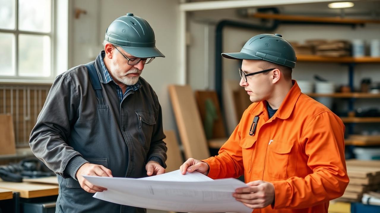 SHK-Betrieb Nachfolge — Inhaber und junger Meister besprechen die Betriebsübergabe in der Werkstatt