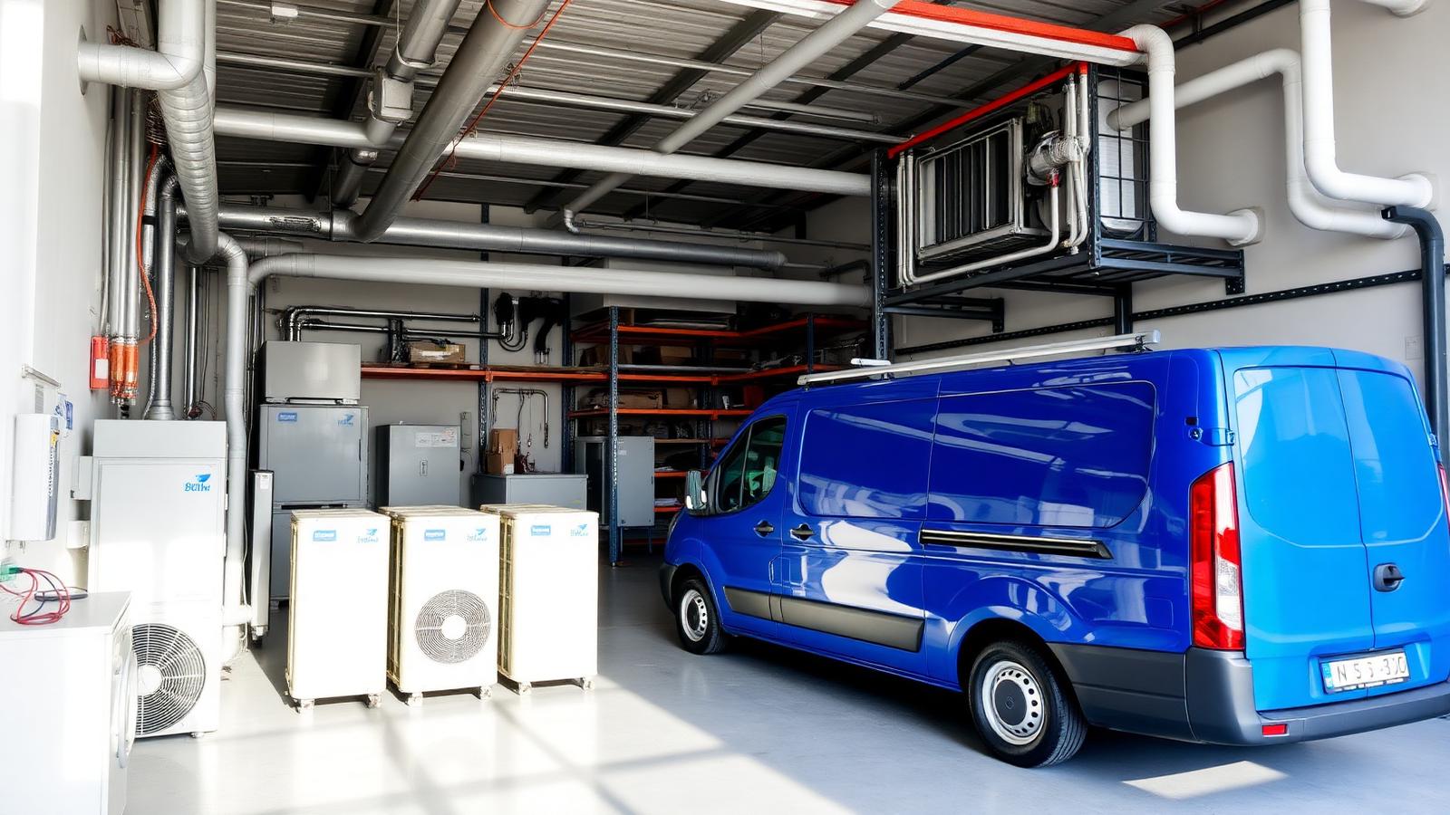 SHK-Betrieb verkaufen — Werkstatt eines Sanitär-, Heizungs- und Klimabetriebs mit Wärmepumpen und Servicefahrzeug