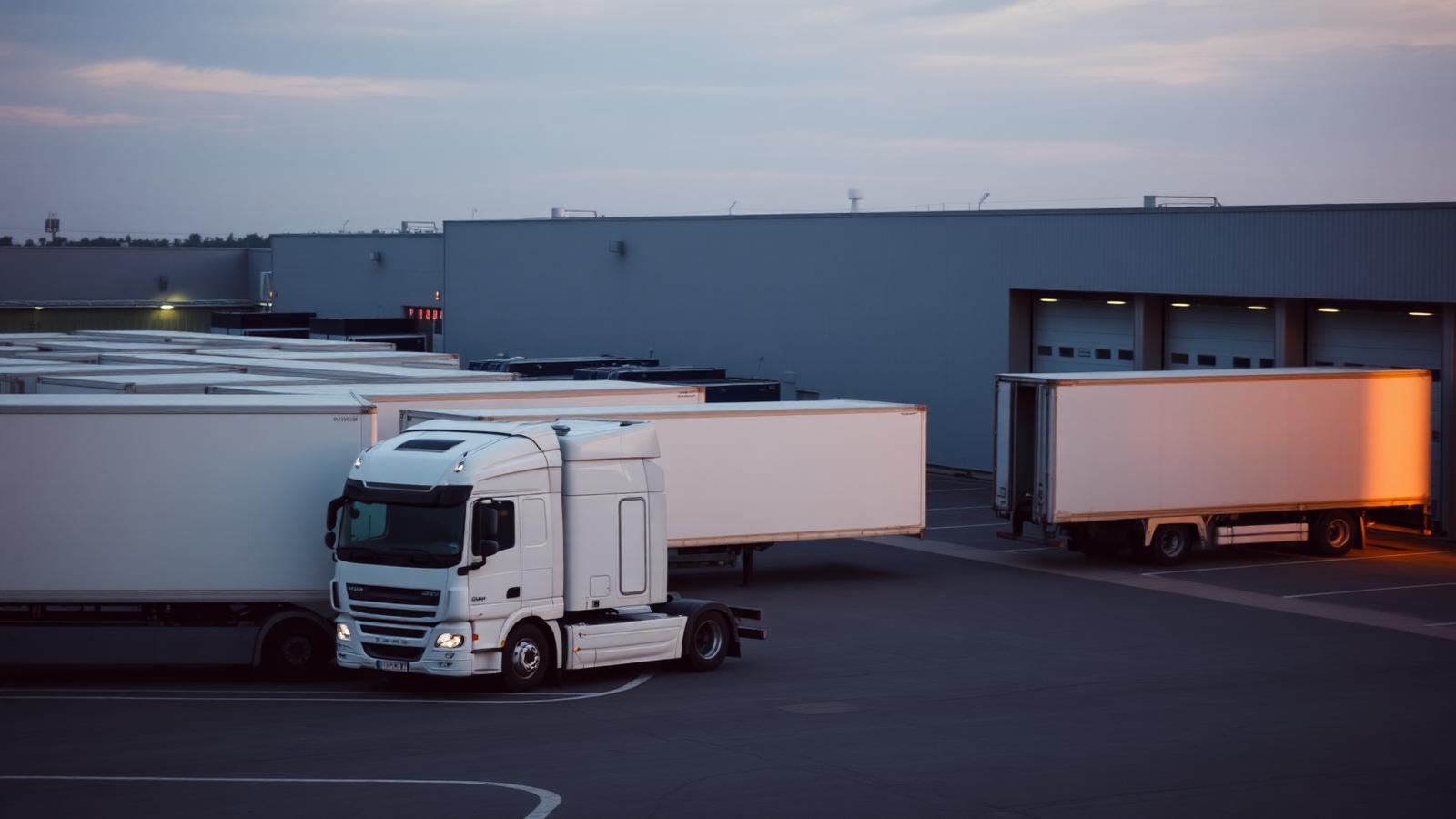 Spedition verkaufen — Lkw-Zugmaschinen und Auflieger an den Laderampen eines Logistikzentrums im Morgengrauen