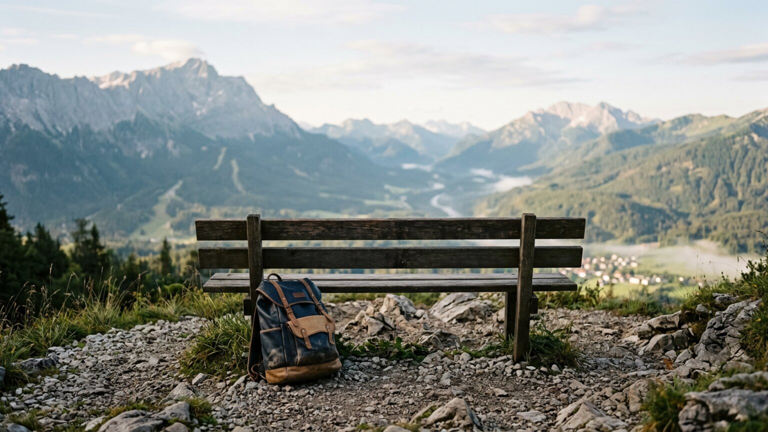 Leere Wanderbank mit Rucksack — Symbolbild dreiwöchiger Urlaubstest zur Übergabefähigkeit