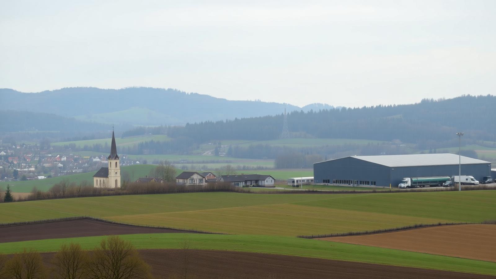 Unternehmensnachfolge Baden-Württemberg — Ortschaft mit Kirchturm und moderner Produktionshalle in hügeliger Landschaft