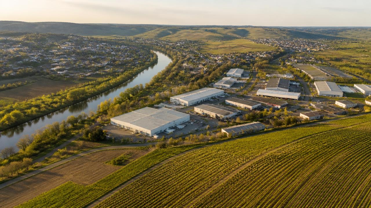 Unternehmensnachfolge Heilbronn-Franken — Luftbild mit Neckartal, Weinbergen und Gewerbe- und Logistikhallen