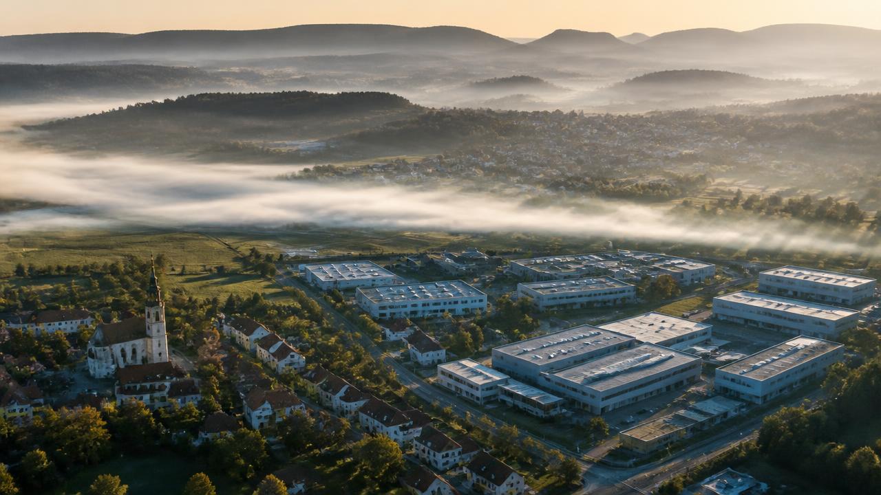 Unternehmensnachfolge Ostwürttemberg — Luftbild einer Ortschaft mit Kirchturm und Fertigungshallen vor der Schwäbischen Alb