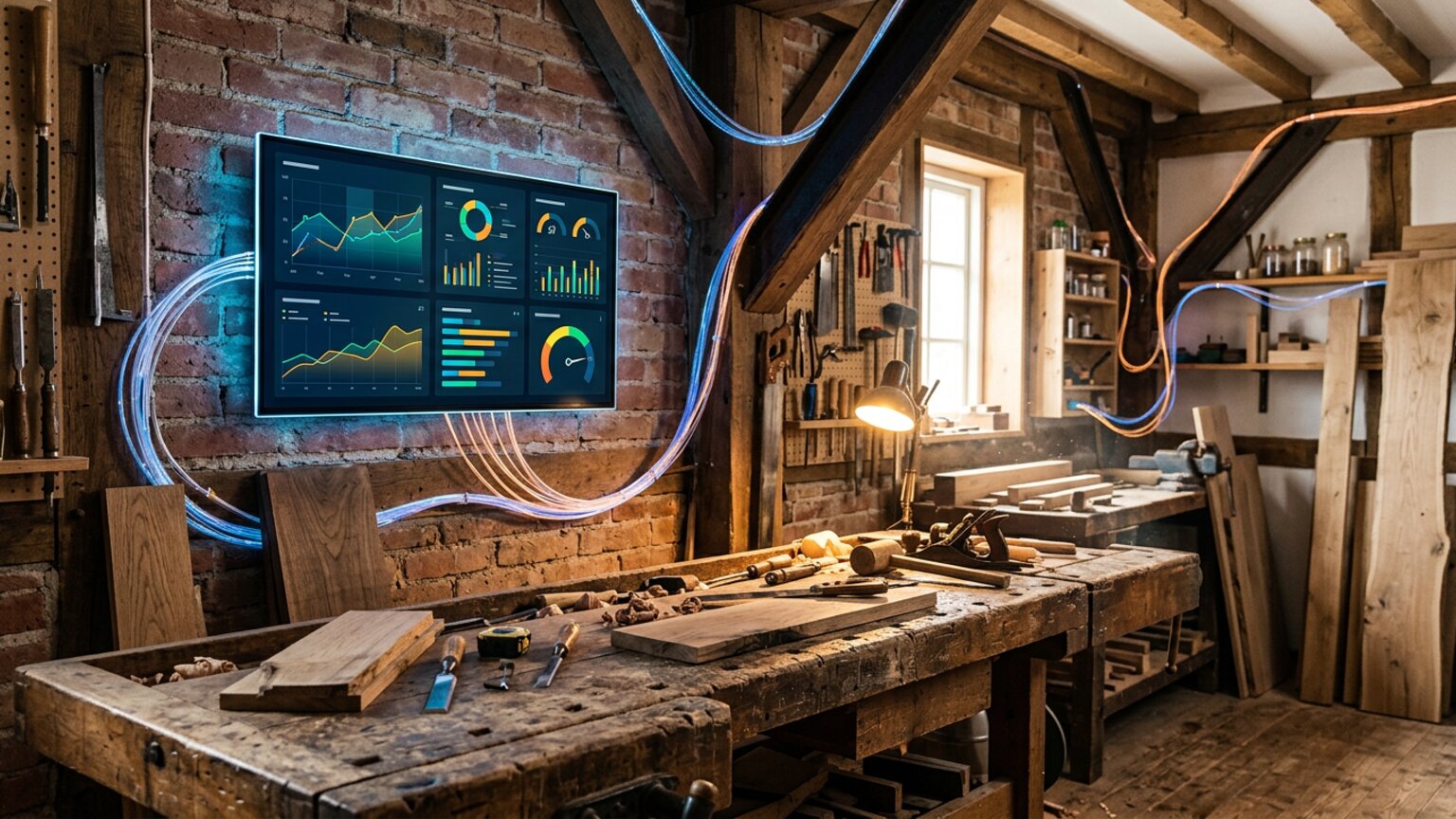 Digitalisierung als Werttreiber — traditionelle Werkstatt verschmilzt mit modernem KPI-Dashboard auf Monitor