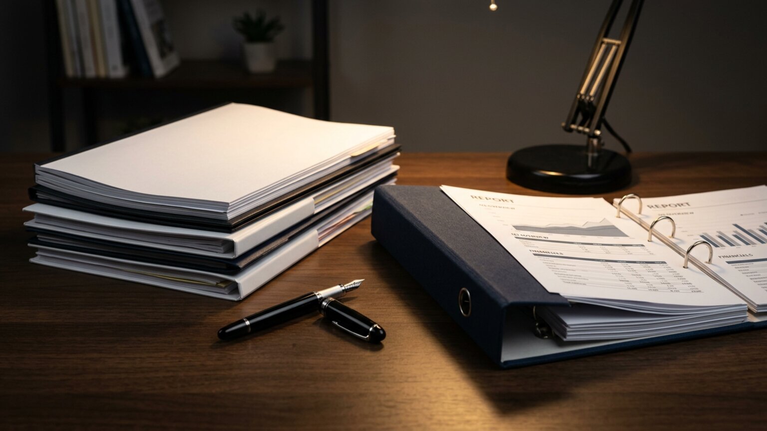 Saubere Finanzreports vor dem Firmenverkauf — Stapel professioneller Reports und Füller auf Schreibtisch