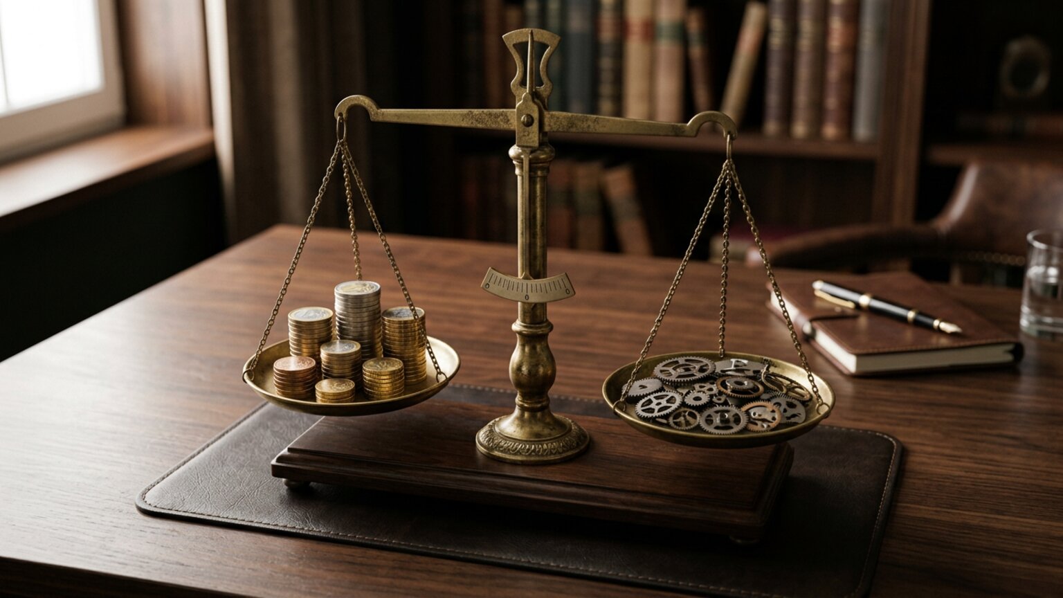 Unternehmenswert steigern Formel — Waage mit Euro-Münzen und Zahnrädern symbolisiert EBITDA mal Multiple
