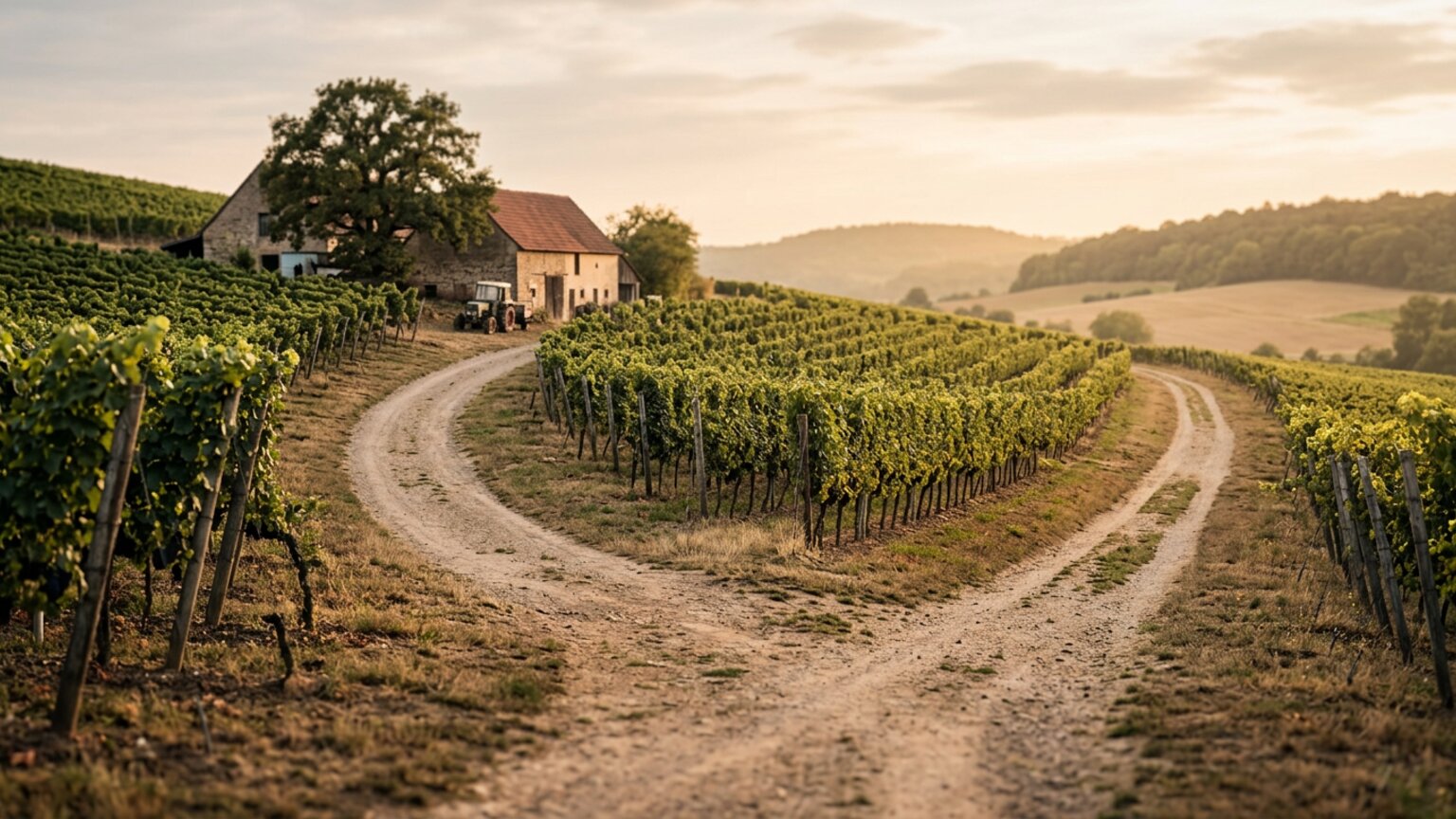Zwei abzweigende Wege im Weinberg — Symbolbild Verkaufen oder Weiterarbeiten