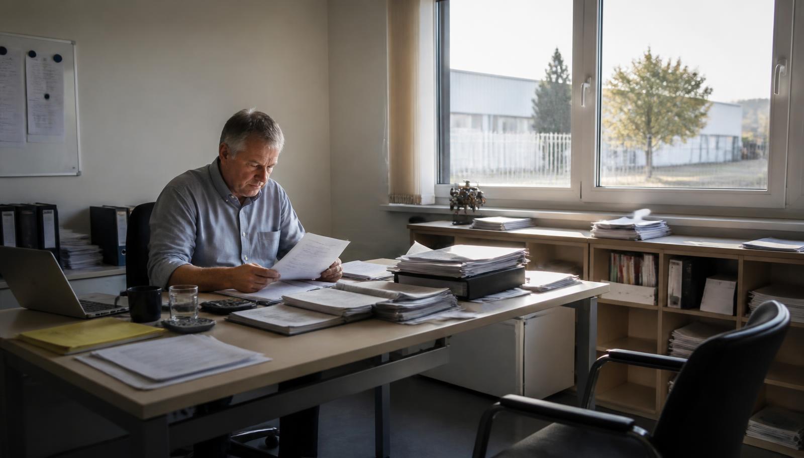Wann sich ein Betrieb nicht mehr verkaufen lässt — Inhaber allein am Schreibtisch mit Unterlagen und leerem Stuhl gegenüber