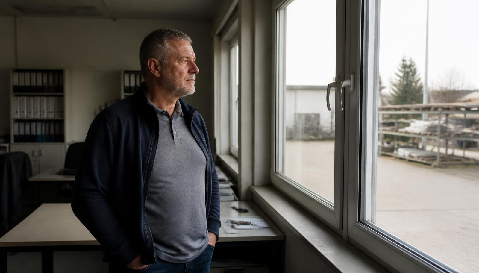 Was mache ich, wenn der Betrieb weg ist – Unternehmer am Fenster eines leeren Betriebsbüros nach der Übergabe